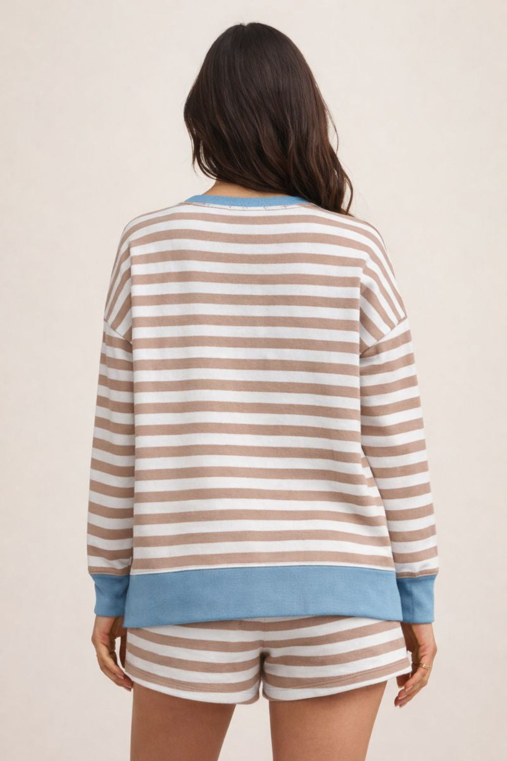 two-piece lounge set, color block, round neck, long sleeve, drop shoulder, side slit, high/low top, striped, drawstring shorts, no pockets, stretchy, back view