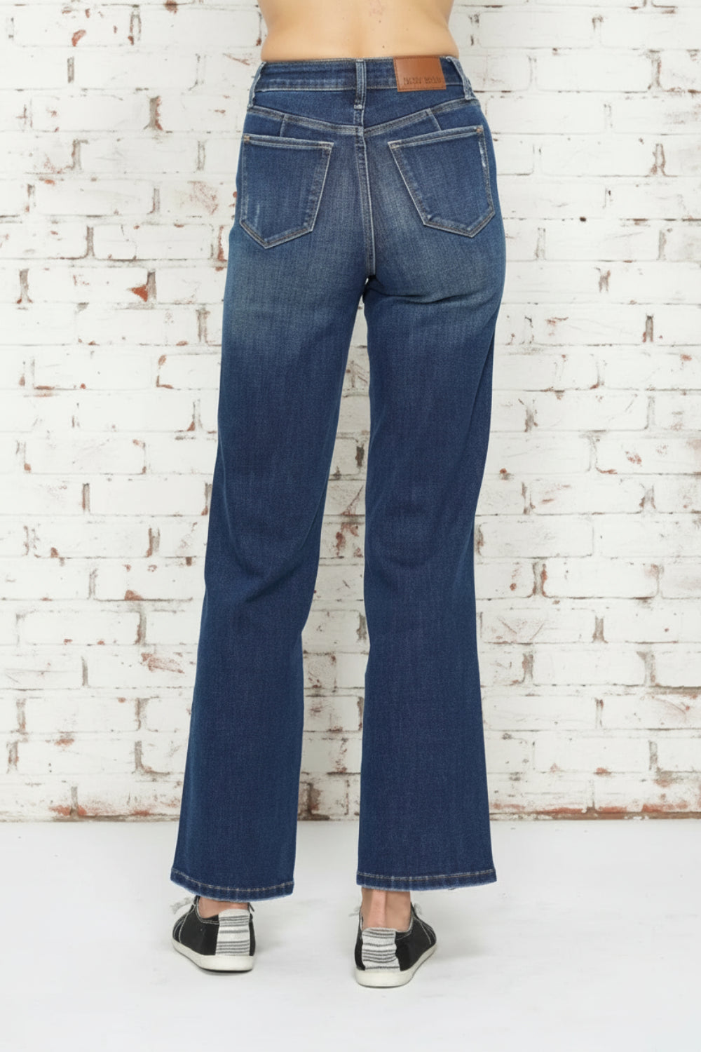 Judy Blue Jeans, full-size, high-rise, tummy control, straight leg, pocketed, belt loops, button/zipper closure, dark vintage wash, stretchy, back view