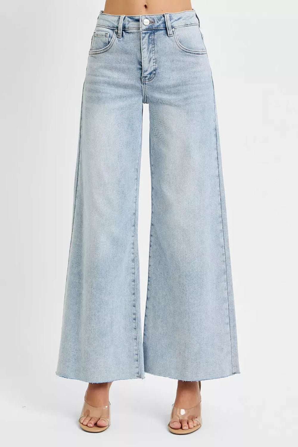 Risen Jeans, full-size, high-rise, wide leg, palazzo style, light wash, raw hem, button/zipper closure, belt loops, pocketed, slightly stretchy, front view
