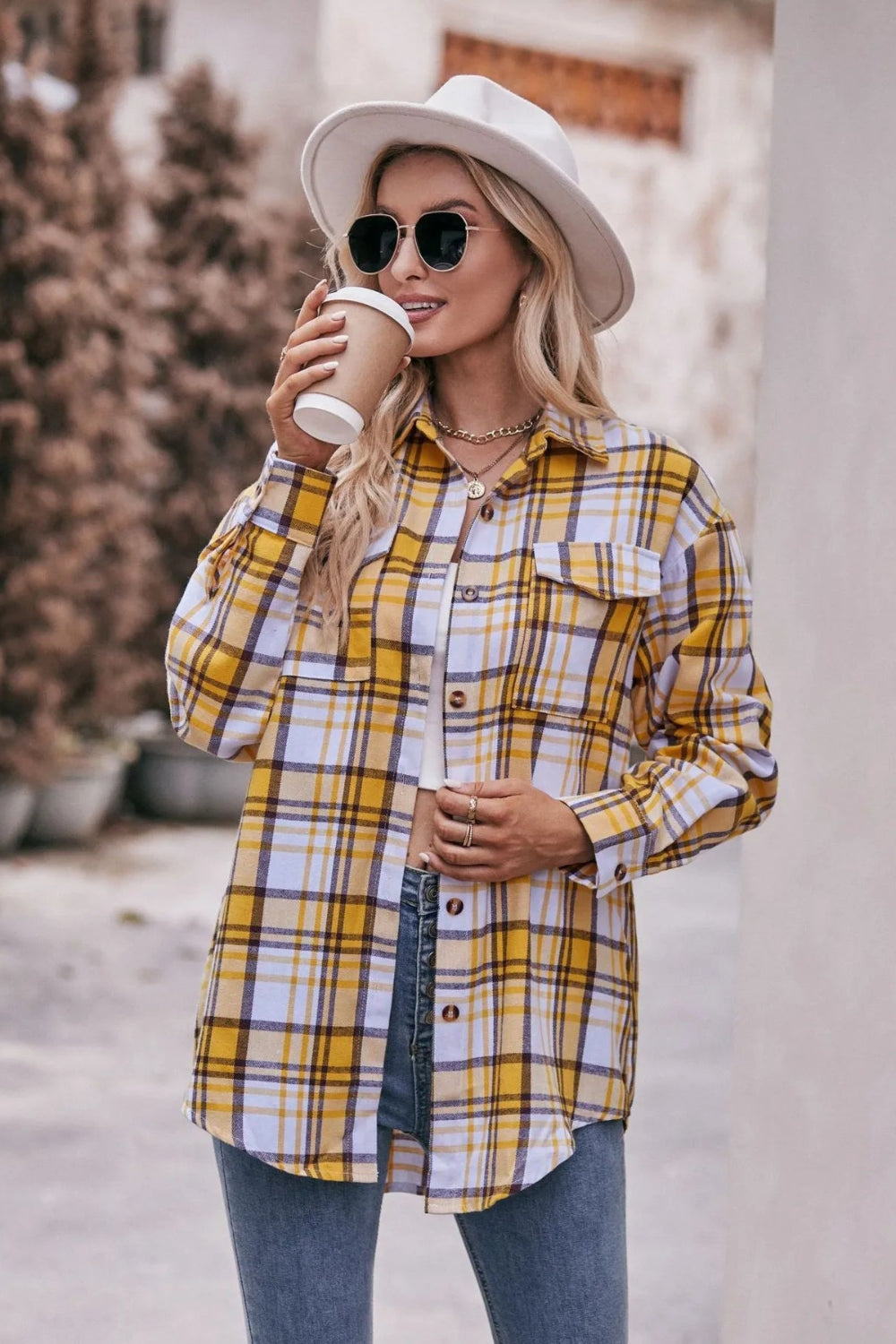 Long sleeve shirt, plaid, collared, pocketed, buttoned, oversized, drop shoulder, no stretch, many colors, front view