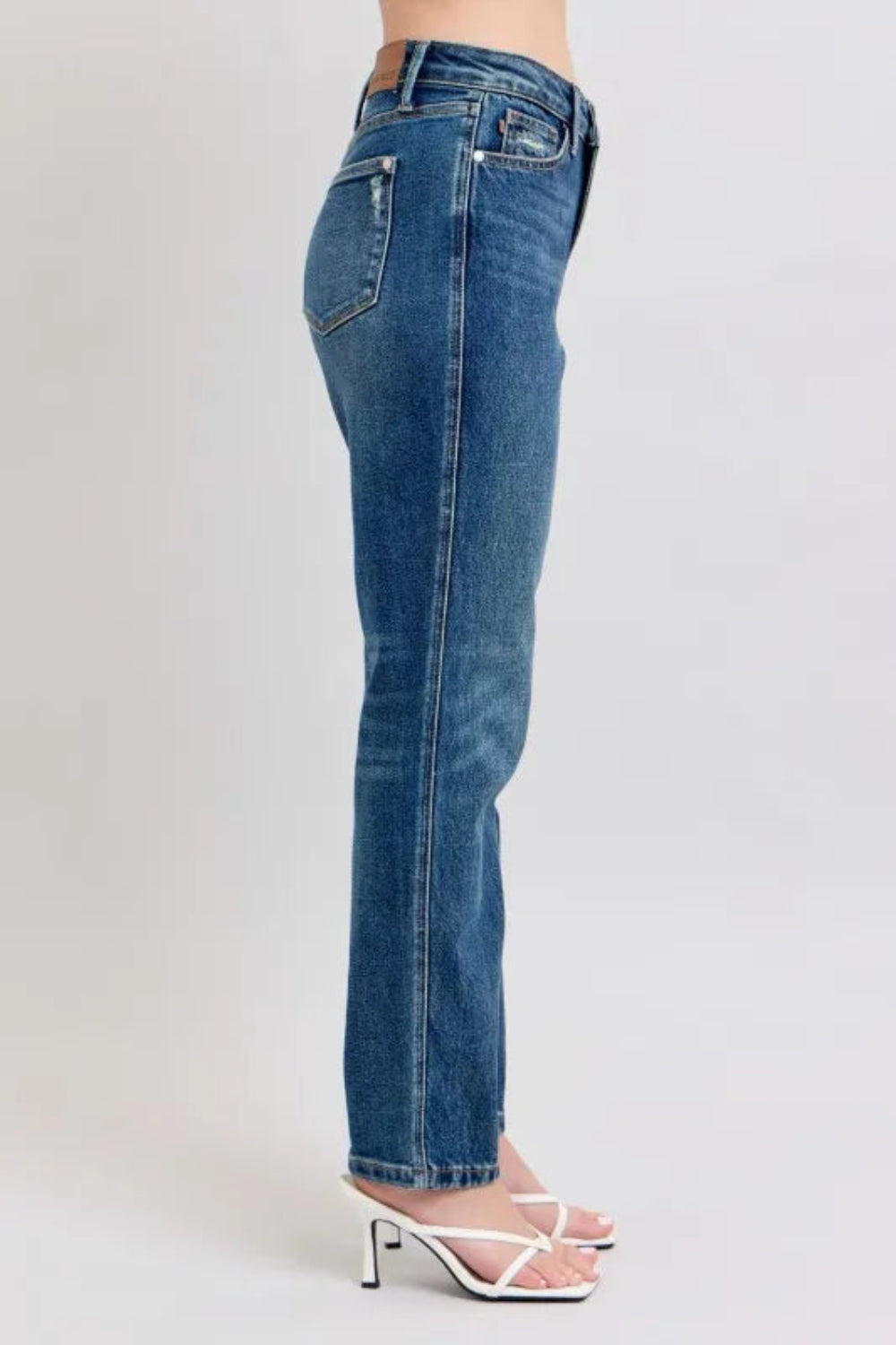 Judy Blue Jeans, full-size, high-rise, medium wash, cropped ankle, straight leg, pocketed, button and zipper closure, slightly stretchy, side view