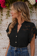 * Notch neck
* Flutter sleeve
* Buttoned
* Cutout
* Swiss dot
* Textured
* Round hem
* No stretch