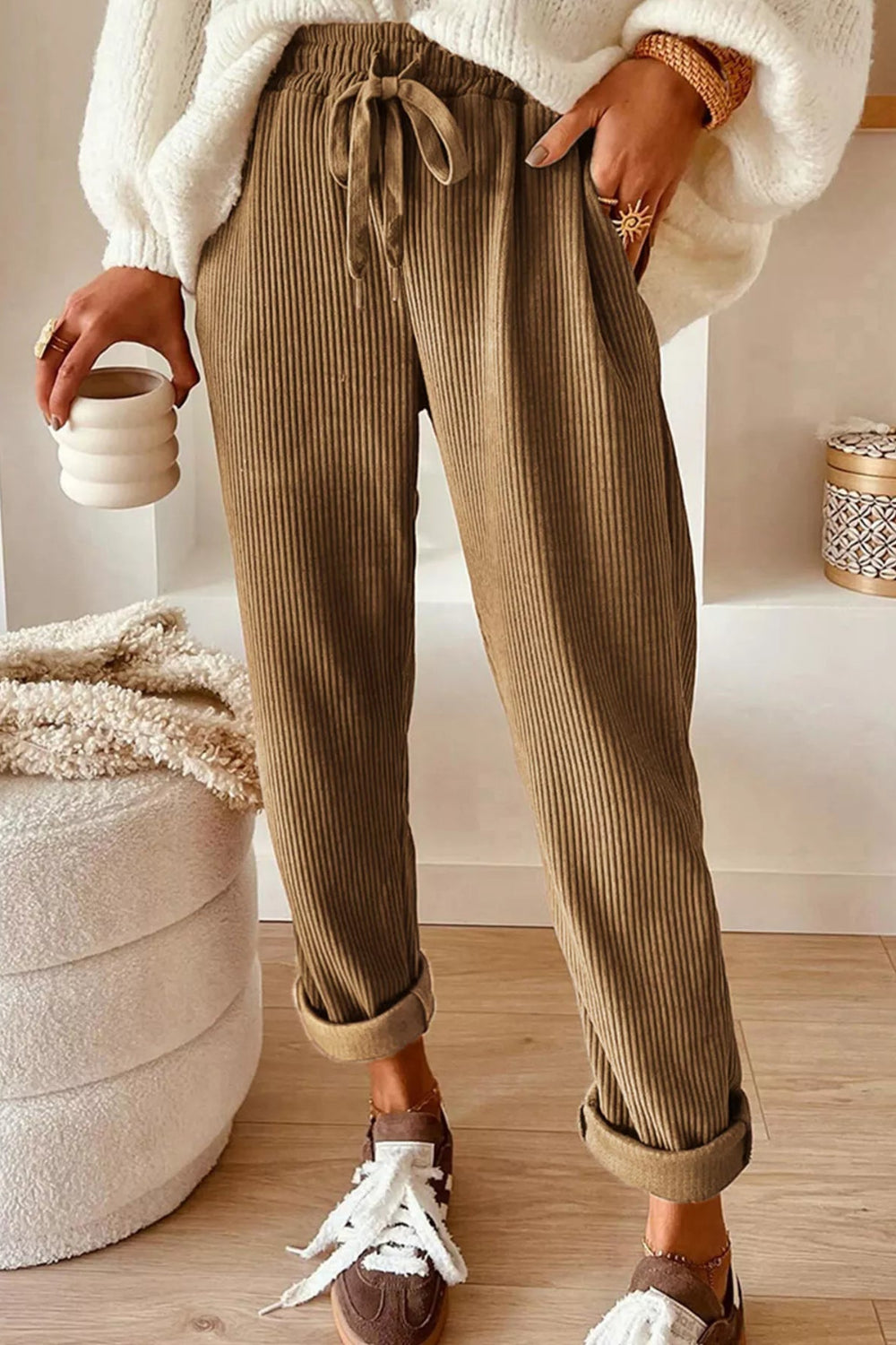 Pants, corduroy, drawstring, pocketed, elastic waist, high-rise, straight leg, no stretch, front view