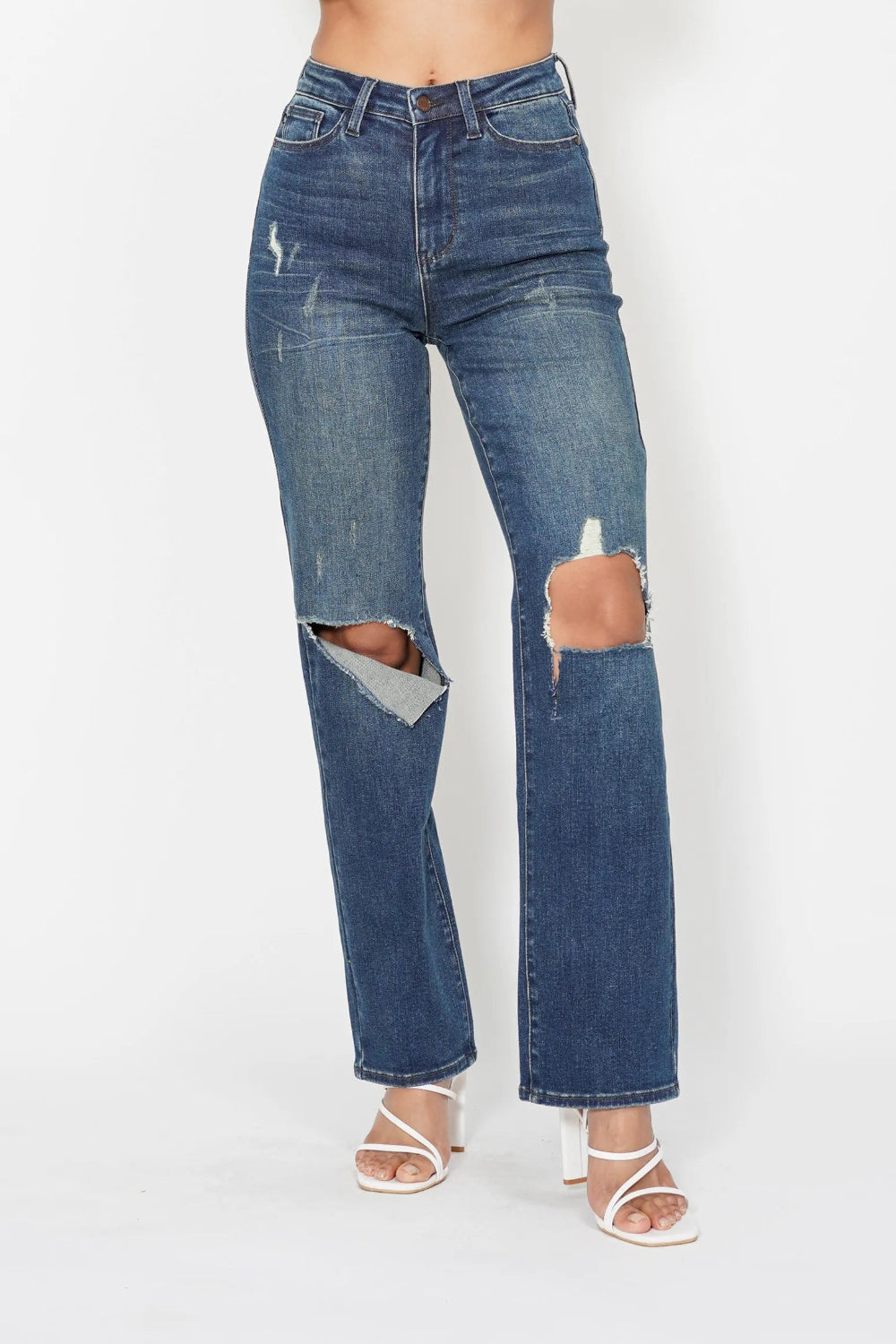 Judy Blue Jeans, full-size, high-rise, ripped knee, pocketed, distressed, straight leg, dad style, slightly stretchy front view