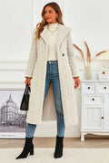 Longline coat, hooded, buttoned, pocketed, thick, lined, oversized, cable-knit design, some stretch, front view