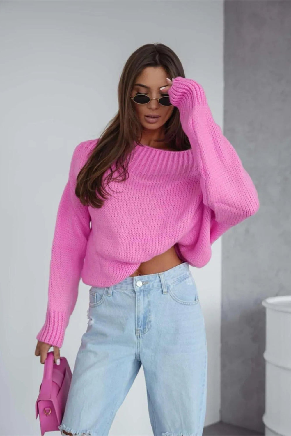 Sweater, pullover, long sleeve, boat neck, oversized, ribbed neck and cuffs, slightly stretchy front view