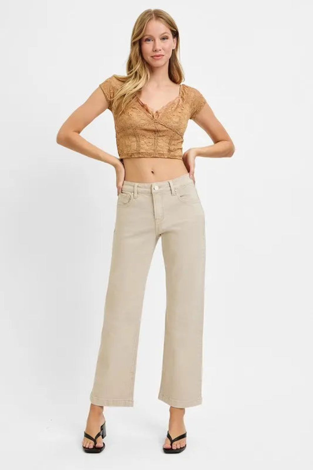 Risen jeans, full-size mid-rise, tummy control, 5-pocket detail, button-zipper closure, belt looped, straight leg, ankle length, slightly stretchy, front view