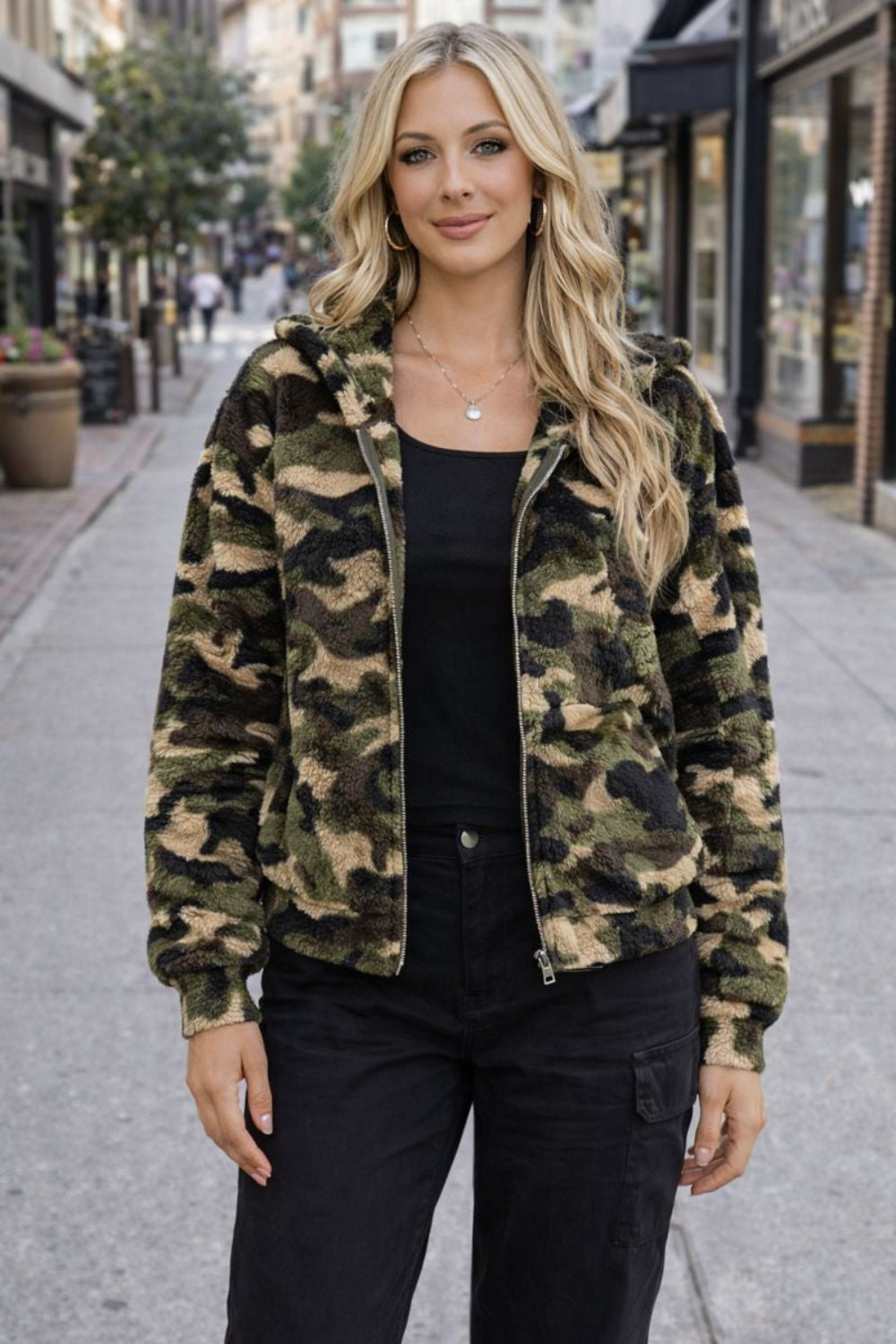 Jacket, hooded, fuzzy, camouflage, lightweight, zipper closure, elastic hem, pocketed, no stretch, front view
