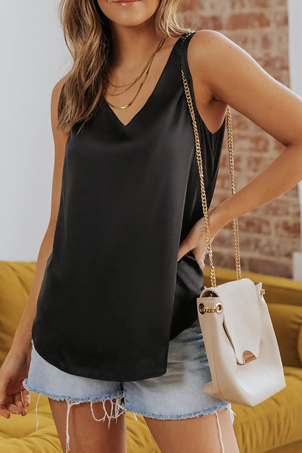 wide straps, v-neck, v-back, no stretch, a little shimmer tank top front view