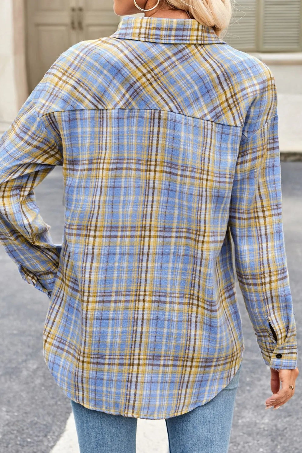 Shirt, long sleeve, collared, plaid print, buttoned, pocketed, oversized, no stretch, back view
