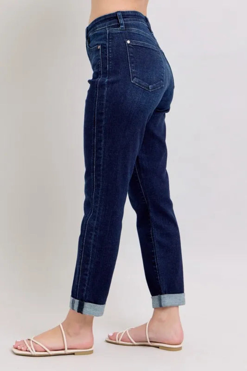 Judy Blue Jeans, high waist, full-size, pocketed, button and zipper closure, dark wash, double seam, slightly stretchy, side view