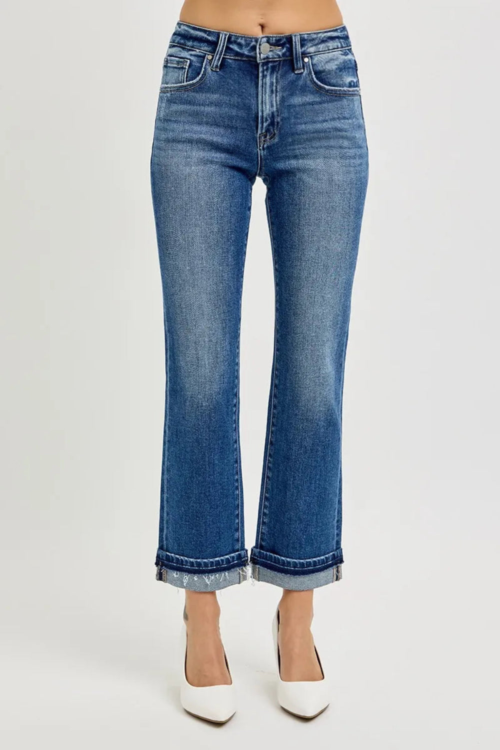 Risen Jeans, mid-rise, 5-pocket construction, button/zip closure, medium vintage wash, belt loop waistband, straight leg, cuffed, slightly stretchy, front view