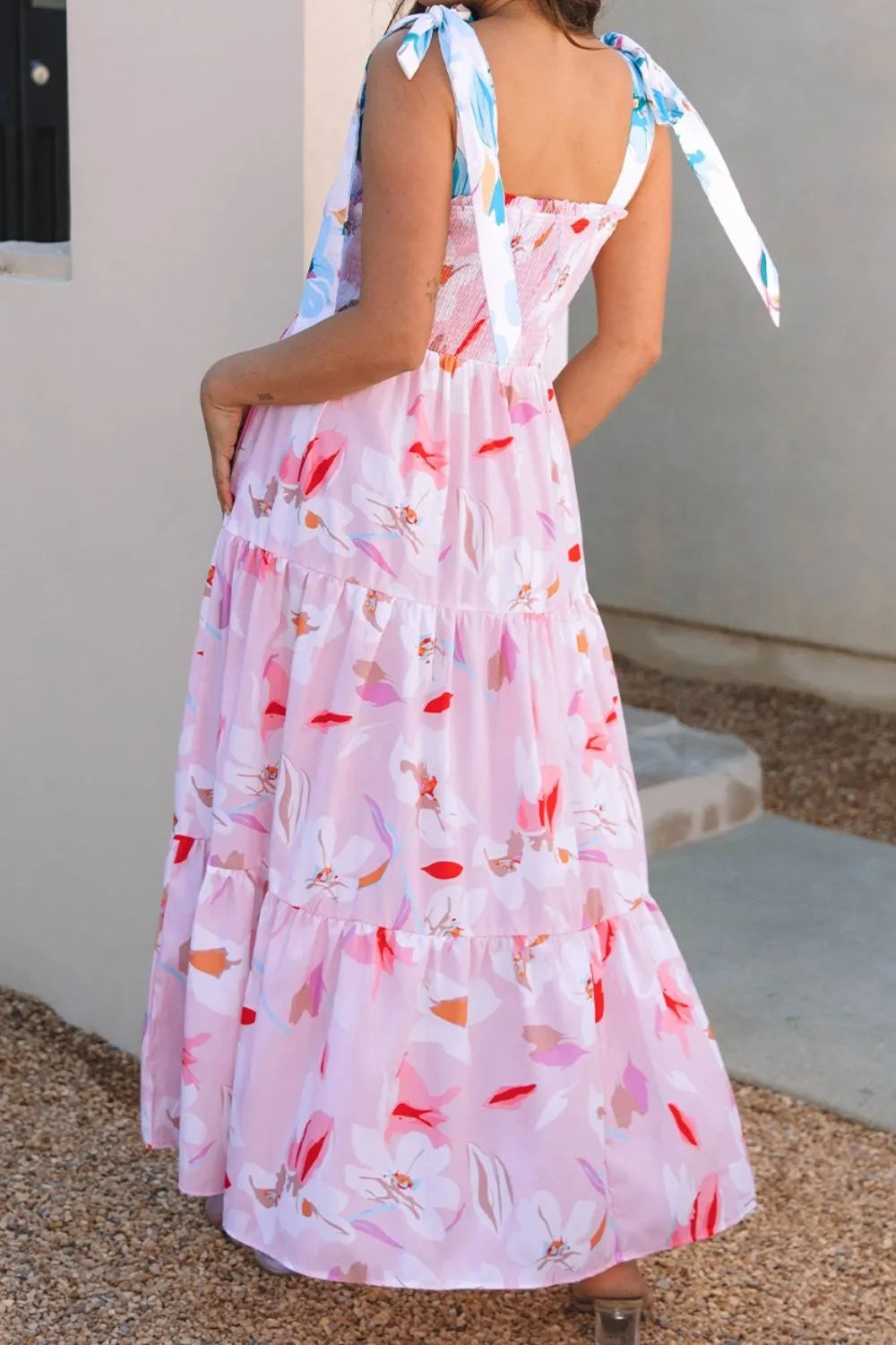Maxi dress, floral print, smocked, knotted tie shoulder, tiered, ruffled, opaque, pocketed, unlined, no stretch back view