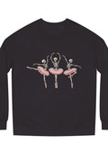 Skeleton Ballet Graphic Sweatshirt in black with three dancing skeletons wearing pink tutus and ballet slippers, shown from the front.