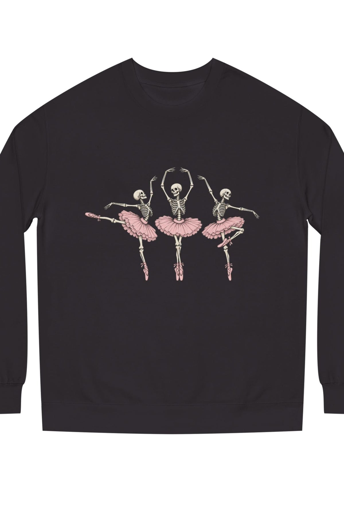Skeleton Ballet Graphic Sweatshirt in black with three dancing skeletons wearing pink tutus and ballet slippers, shown from the front.