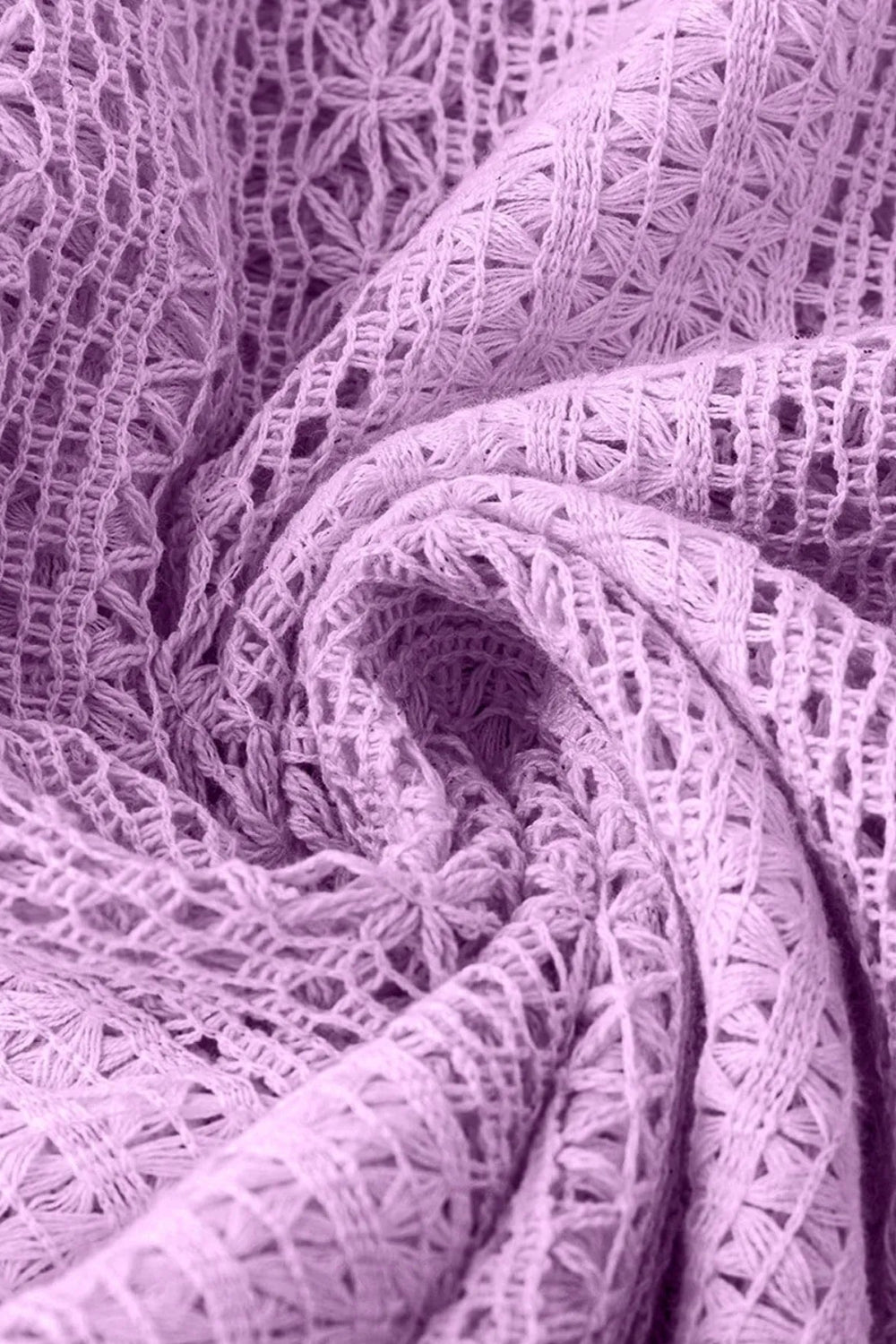 Shirt, long sleeve, crochet, ruffled v-neck, buttoned, unlined, slightly stretchy, close up view
