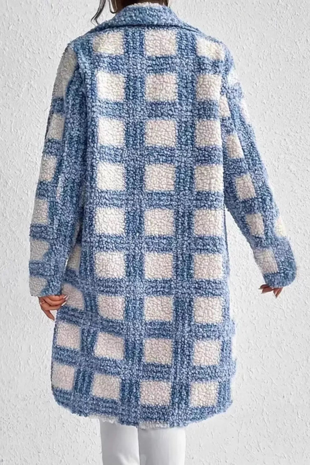 coat, fleece, unlined, buttoned, pocketed, scalloped hem, checkered, collared, some stretch, back view