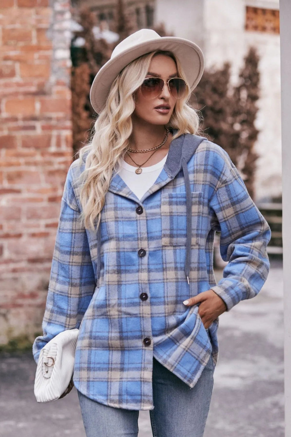Plaid shacket, hoodie, drawstring, long sleeve, drop shoulder, buttoned, front patch pocket, pleated and buttoned cuffs, rounded hem, unlined, lightweight, no stretch, front view