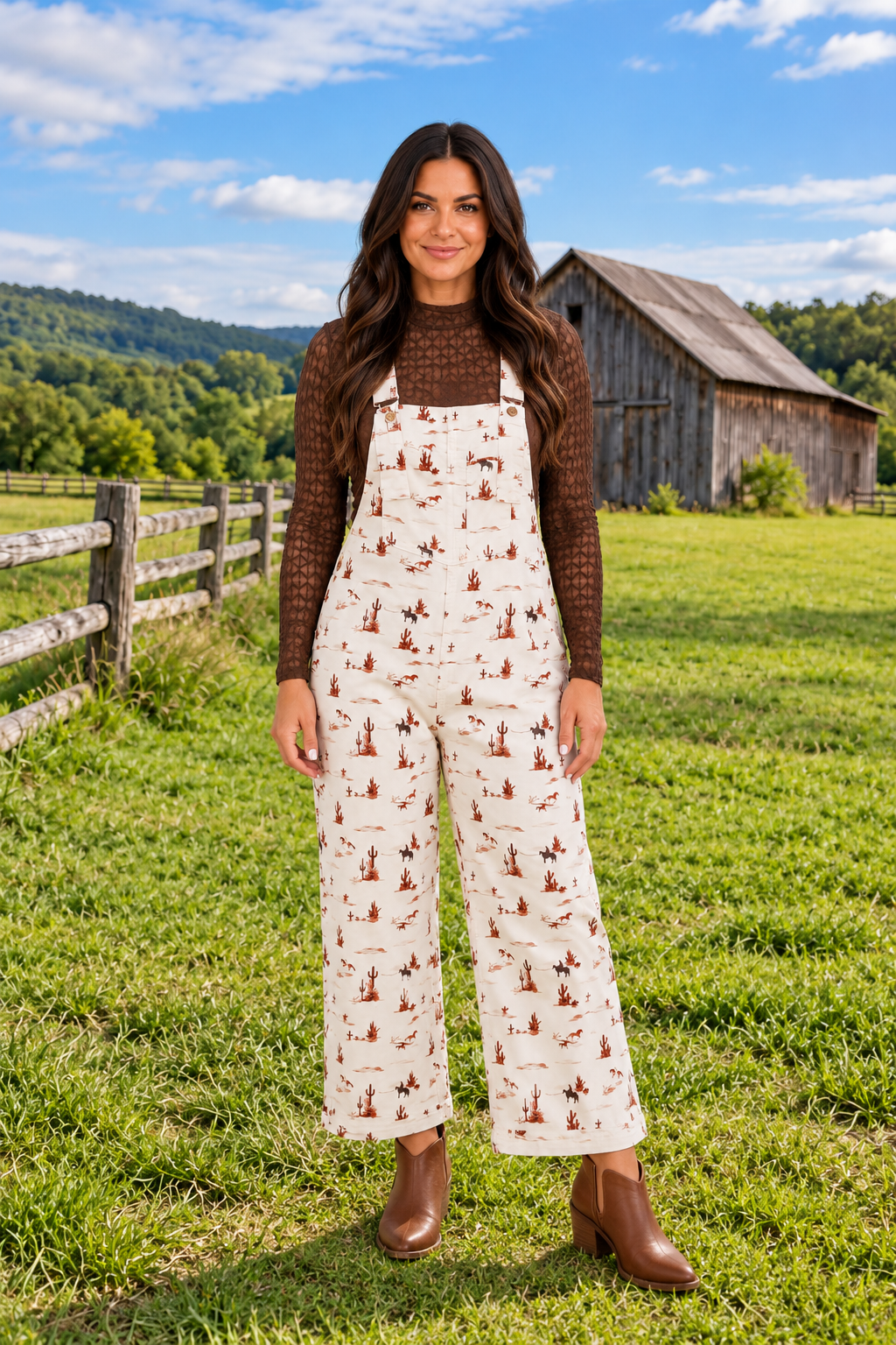 Front view of The Cowboy Way Overalls in cream with a Western desert print, adjustable straps, bib pocket, and wide legs.