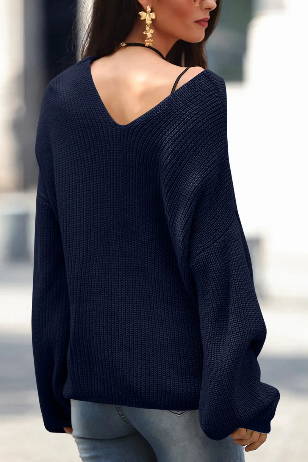 sweater, pullover, long sleeve, drop shoulder, v-neck, ribbed, knit, front lace detail, oversized, slightly stretchy