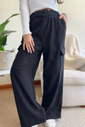 Pants, high-waist, belted, looped, elastic waist, wide leg, corduroy, front and side pockets, not stretch, front view
