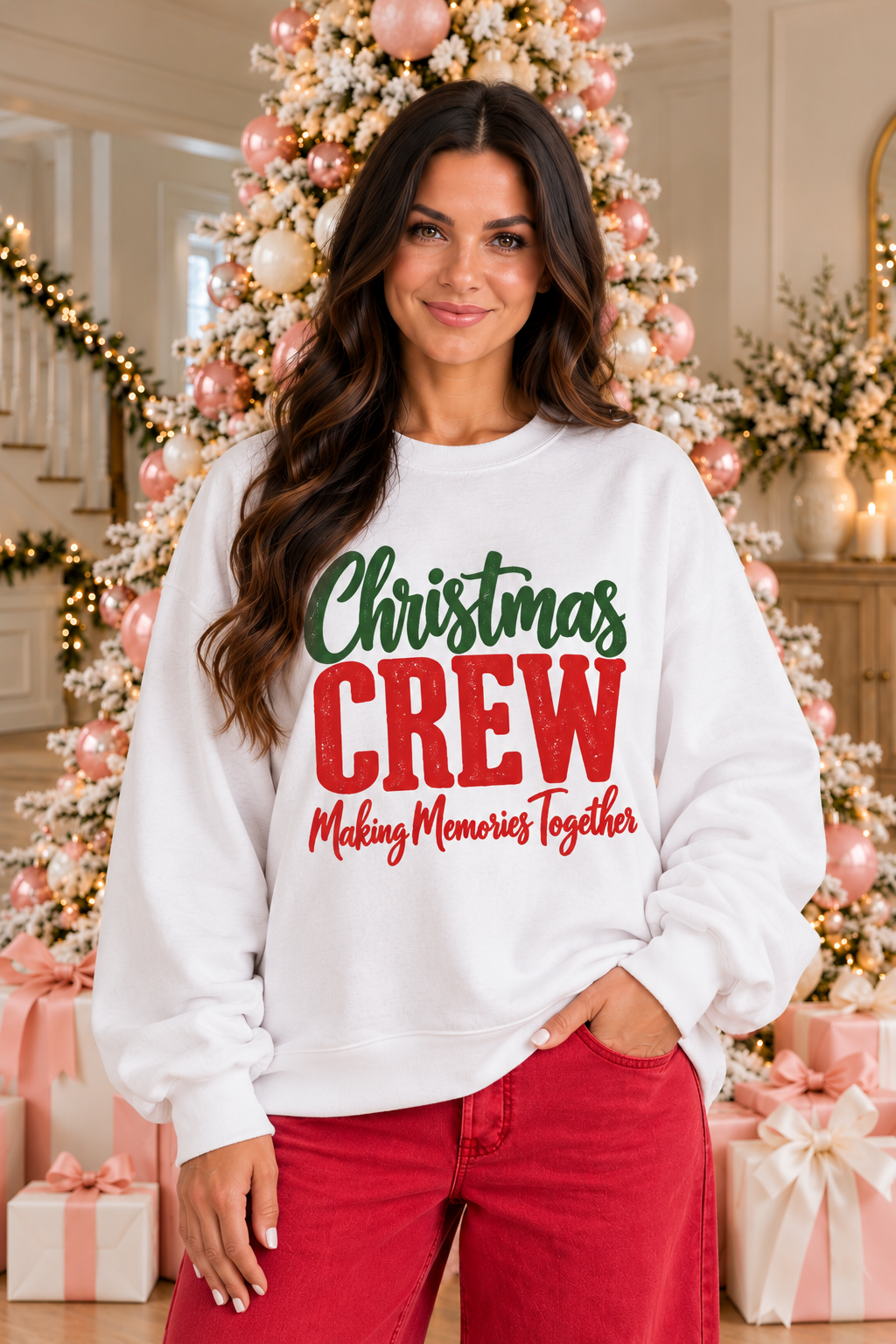 Christmas Crew Graphic Sweatshirt in white with green and red lettering, Making Memories Together graphic, crew neck and long sleeves.