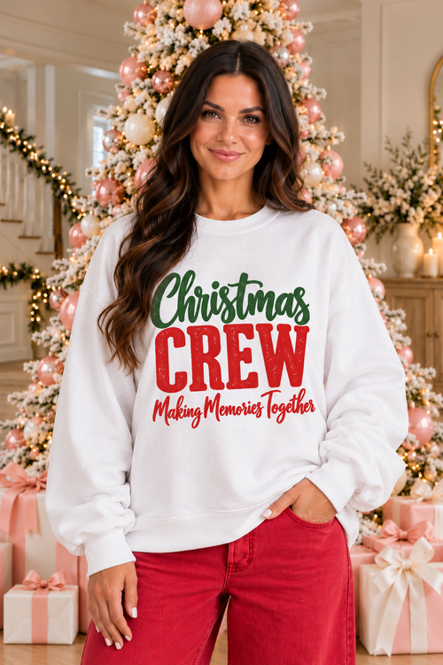 Christmas Crew Graphic Sweatshirt in white with green and red lettering, Making Memories Together graphic, crew neck and long sleeves.