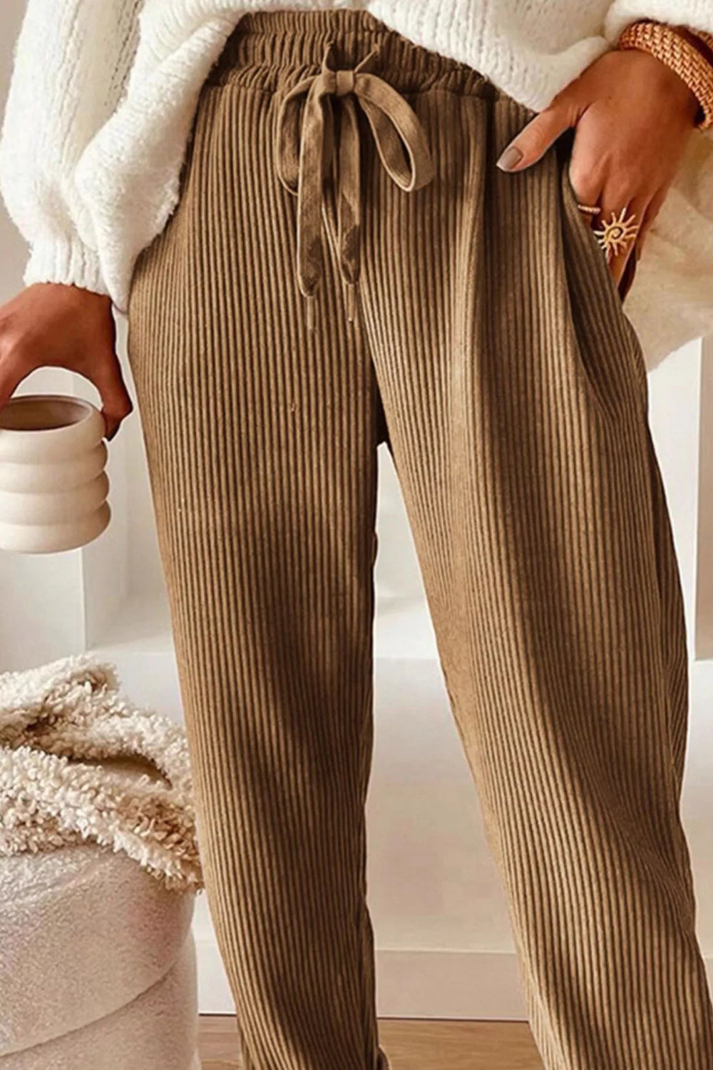 Pants, corduroy, drawstring, pocketed, elastic waist, high-rise, straight leg, no stretch, front view close up