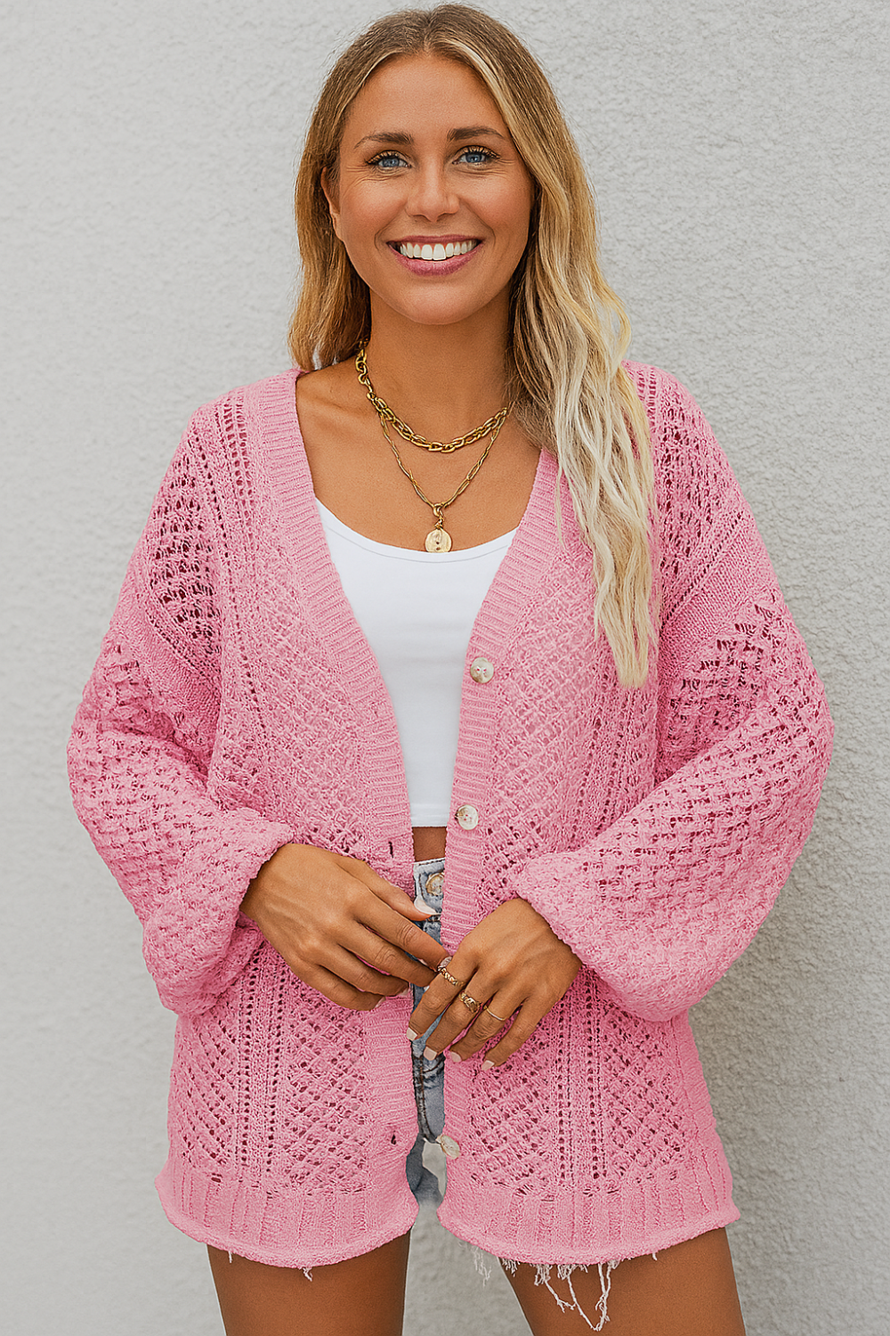 Cardigan, long sleeve, openwork, buttoned, oversized, drop shoulder, stretchy front view