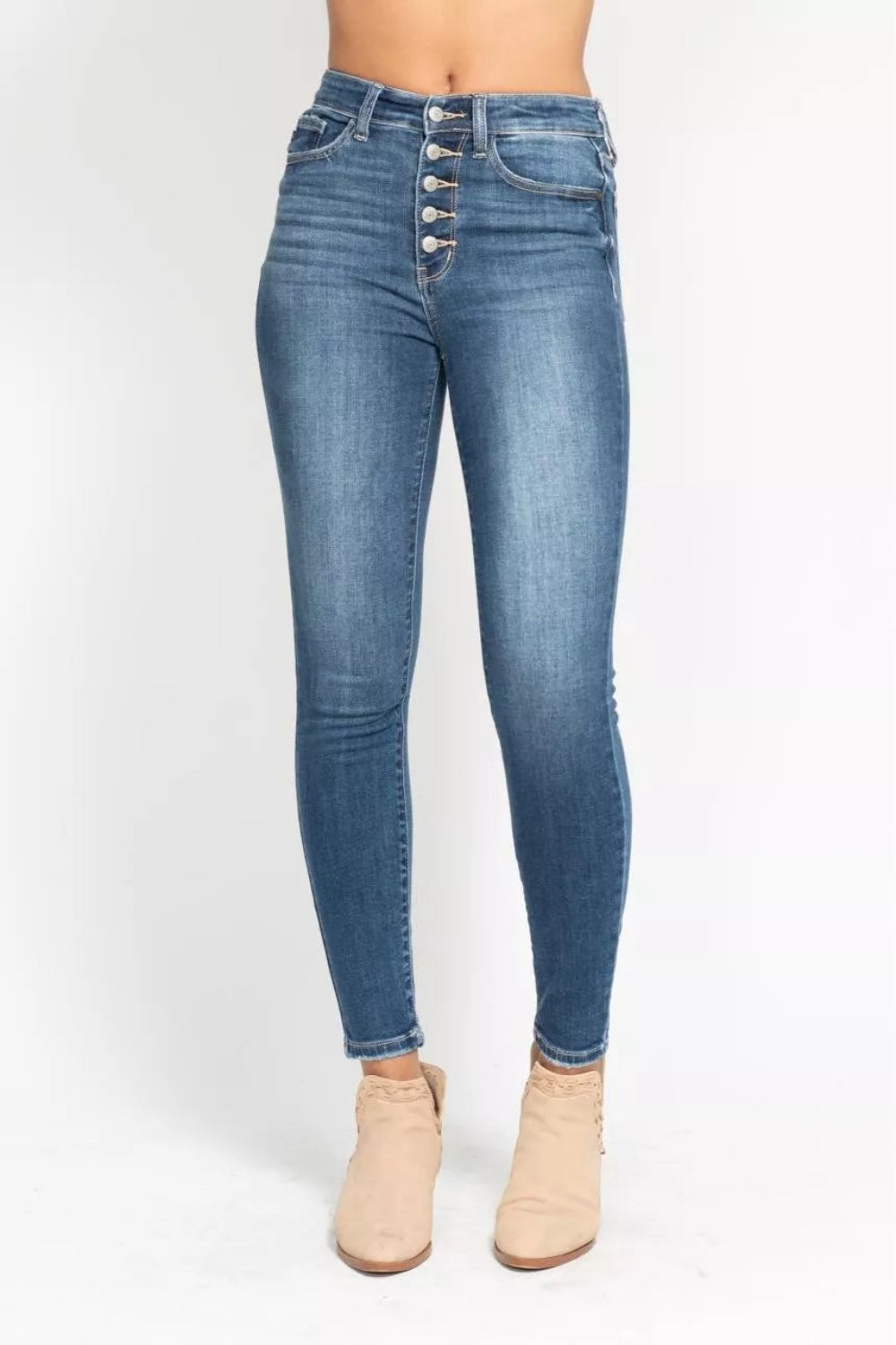 Judy Blue Jeans, full-size, high-rise, button fly, pocketed, belt loops, skinny leg, medium wash, slightly stretchy, front view