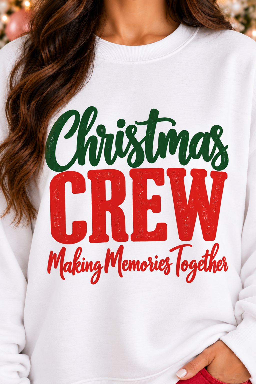 Christmas Crew Graphic Sweatshirt in white with green and red lettering, Making Memories Together graphic, crew neck and long sleeves.