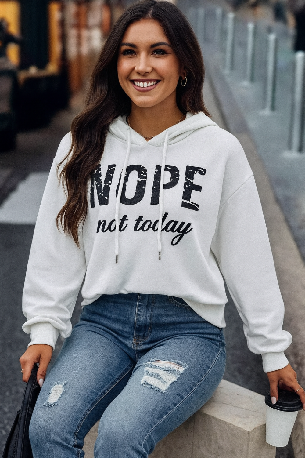 Hoodie, white, graphic design, long sleeve, drop shoulder, cropped, drawstring, no stretch, front view