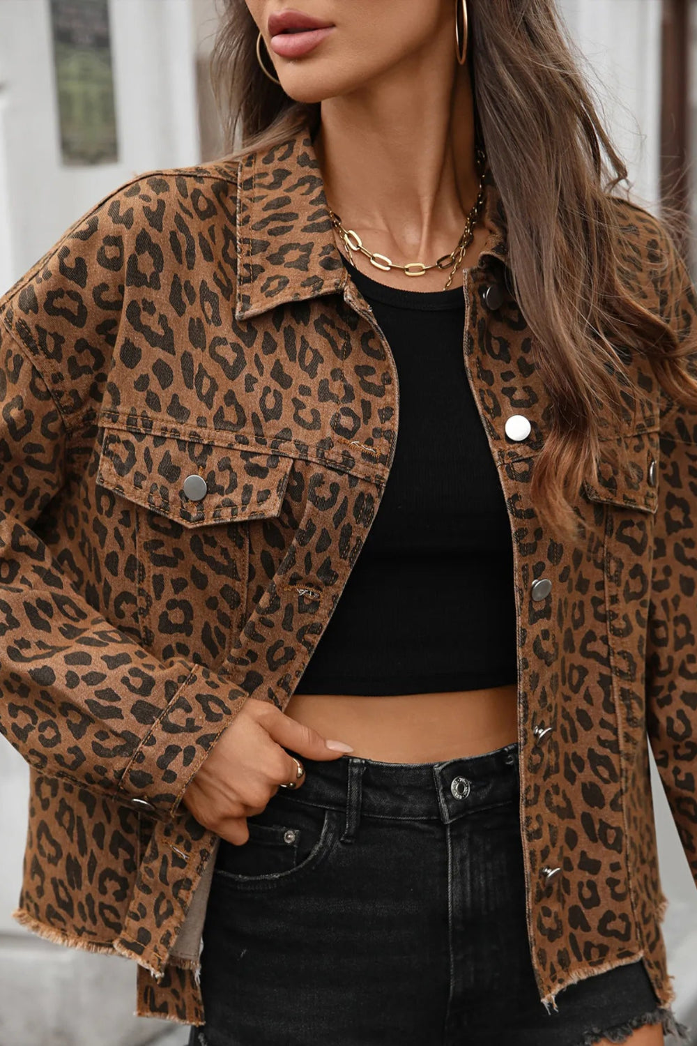 Jacket, denim, leopard print, collared, drop shoulder, buttoned, pocketed, unlined, raw hem, no stretch front view