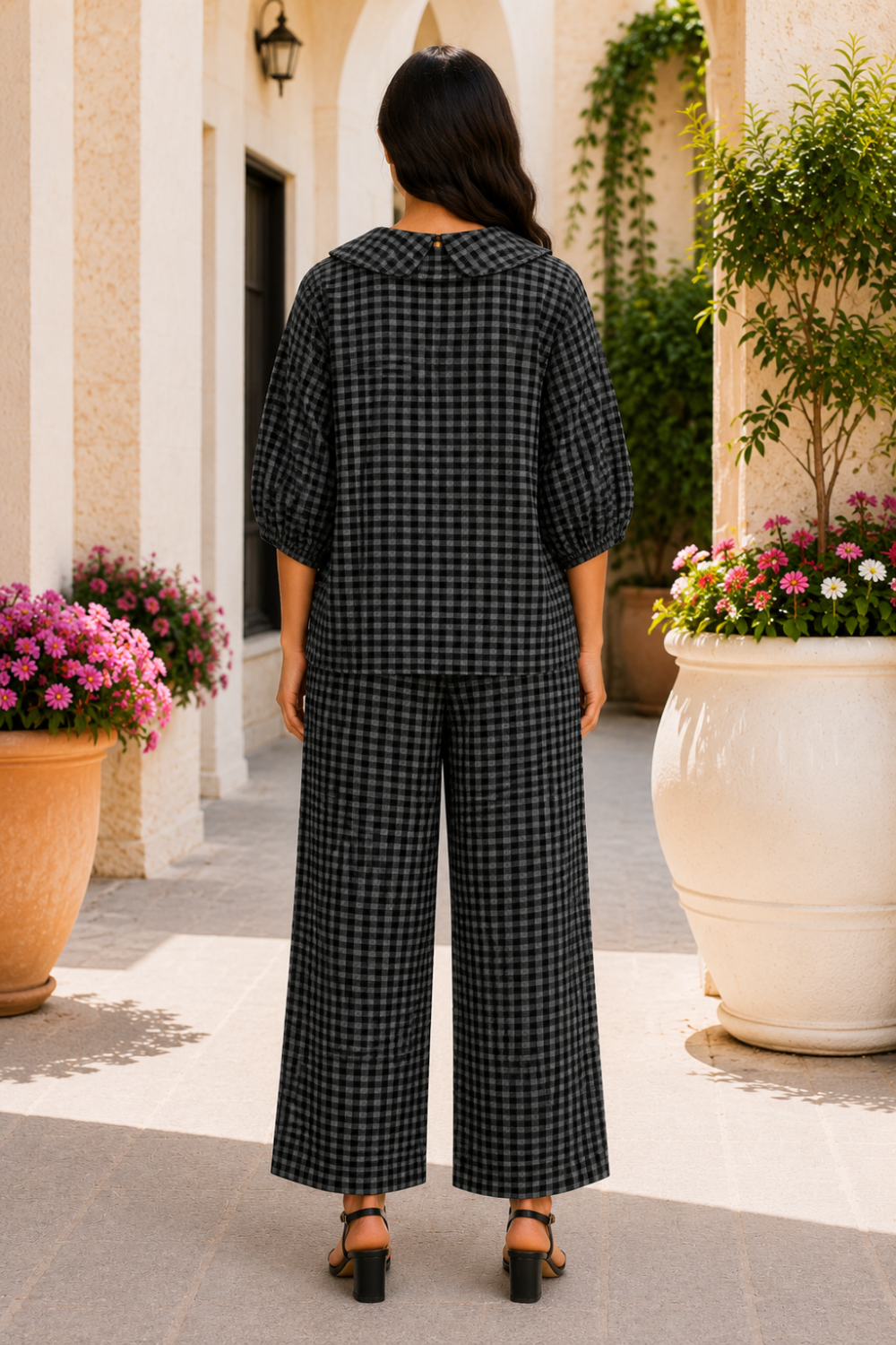  Two-piece pant set
* Gingham print
* Peter Pan collar
* Button down
* Half puff sleeves
* Elastic drawstring waist
* Pocketed
* Slightly stretchy