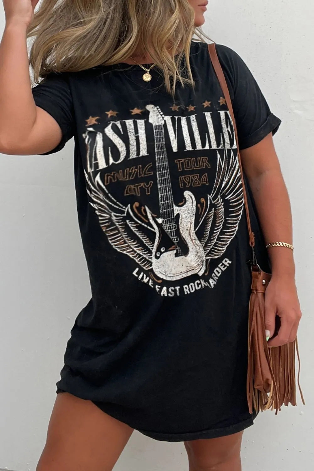 T-shirt dress, mini, graphic print, short sleeve, round neck, short sleeve, unlined, opaque, slightly stretchy front view