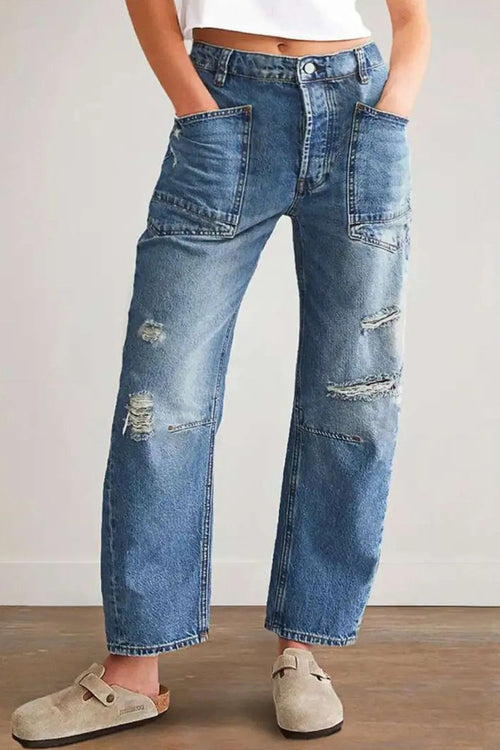 Jeans, high-waist, medium vintage wash, relaxed fit, shirred, distressed, pocketed, button/zipper closure, belt loops, front patch pockets, slightly stretchy, front view