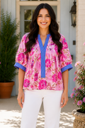 * Notch neck
* Half puff sleeve
* Contrast trim
* Pleated
* No stretch
