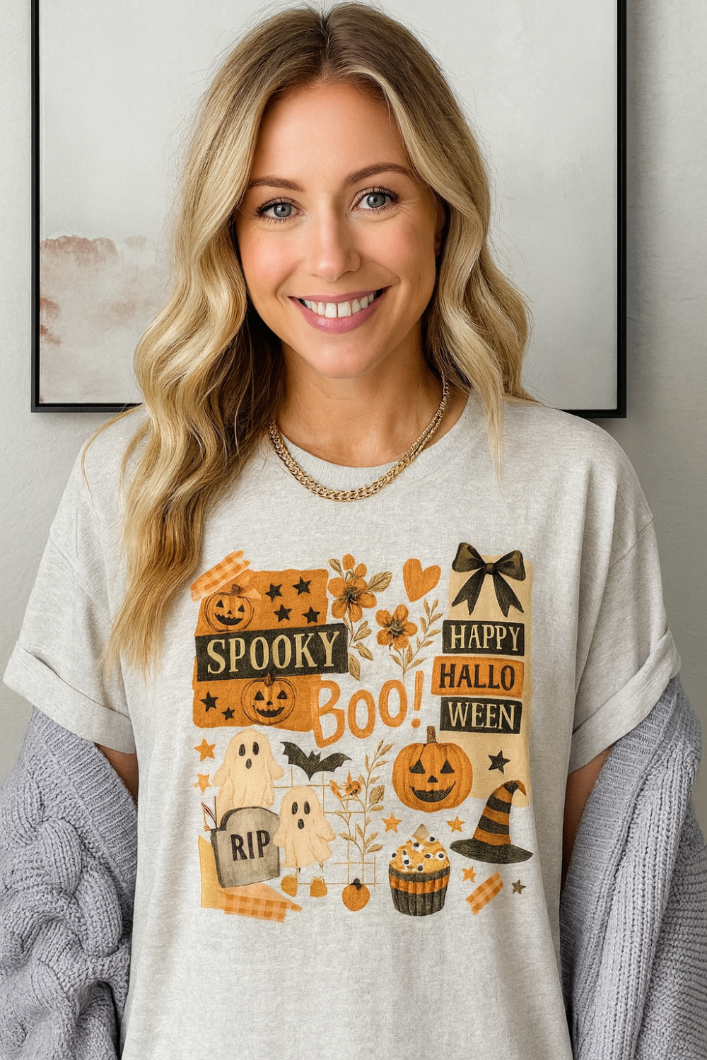 T-shirt, graphic, short sleeve, crew neck, DTF print, Halloween Collage Print, stretchy front view