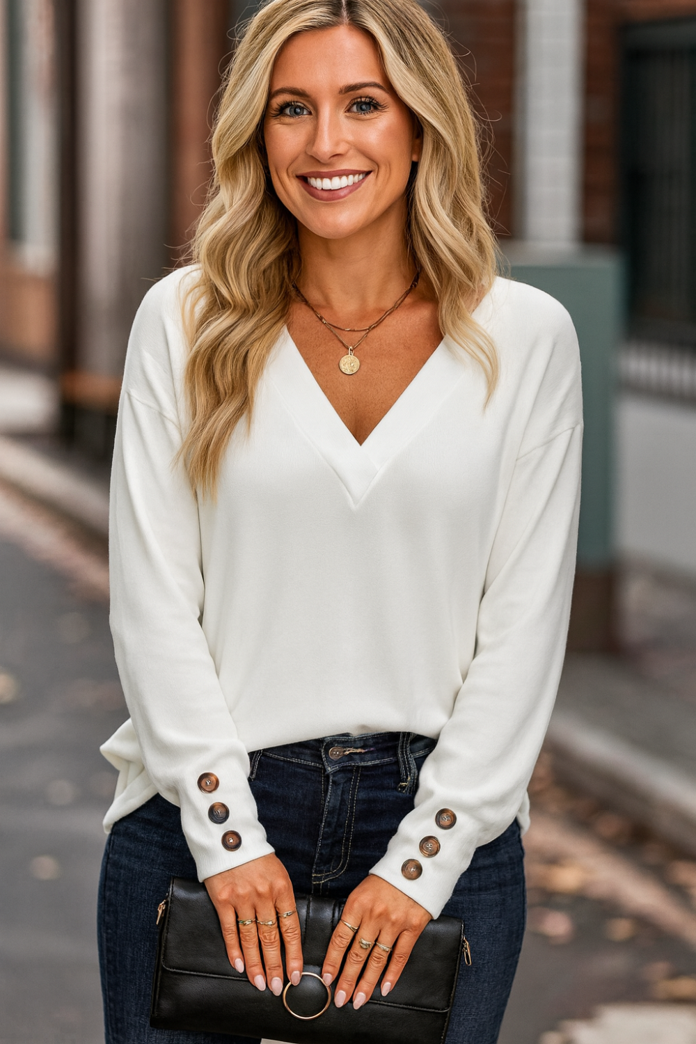 top, long sleeve, drop shoulder, v-neck, pullover, decorative buttons, straight hem, comes in many colors, stretchy, front view