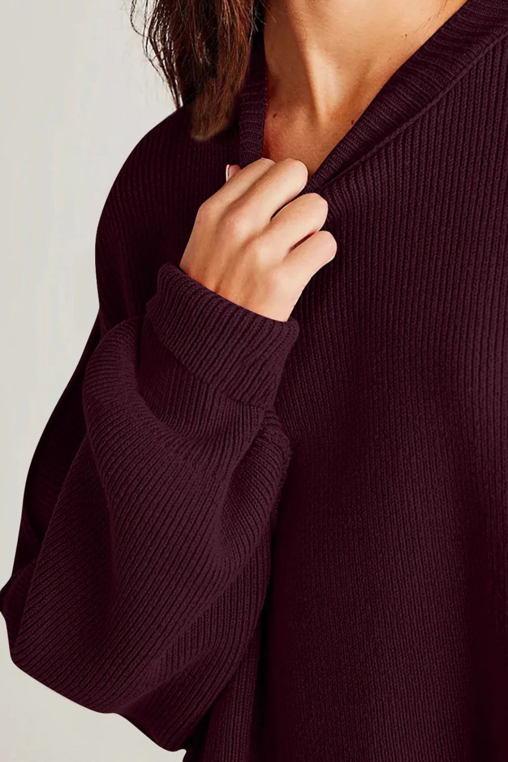 Sweater, oversized, drop shoulder, round neck, exposed seam, long, side slit, ribbed, stretchy front view

