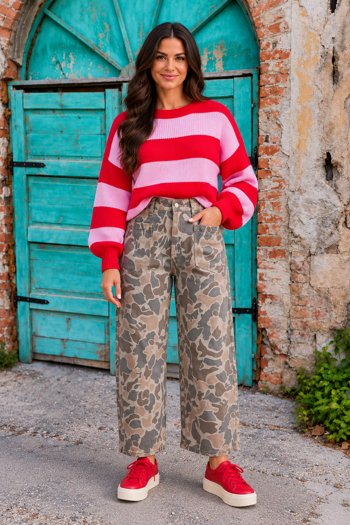 Front view of the Incognito Jeans in muted taupe and gray camouflage with wide cropped legs and oversized patch pockets.