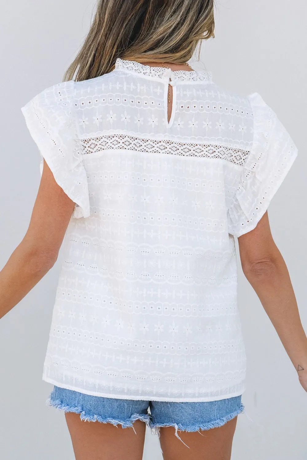 Round frill neck, Flutter sleeves, Lace detail, Eyelet design, Keyhole back, No elasticity, Blouse Back View