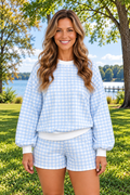 Since You Asked Short Set in light blue and white gingham with a long-sleeve top, white ribbed trim, and matching shorts.