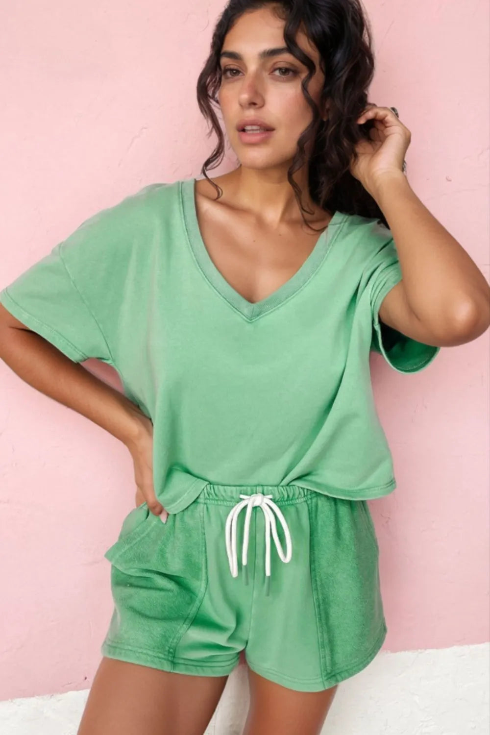 Two-Piece Short Set V-Neck Short Sleeves Draw String Pockets Front View