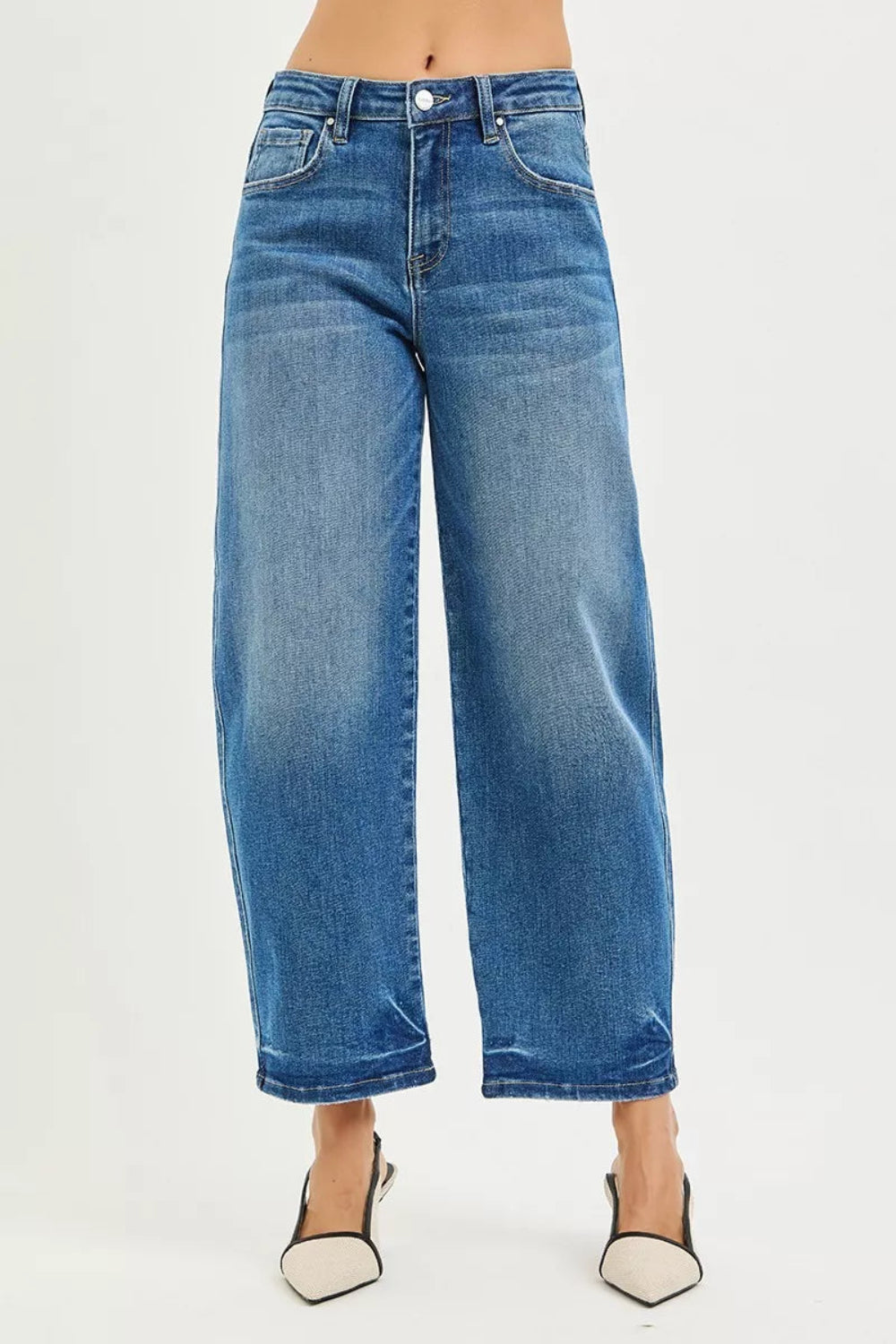 Risen Jeans, mid-rise, raw hem, slouchy, cropped, barrel shape, belt loops, pocketed, button/zipper closure, medium wash, slightly stretchy, front view