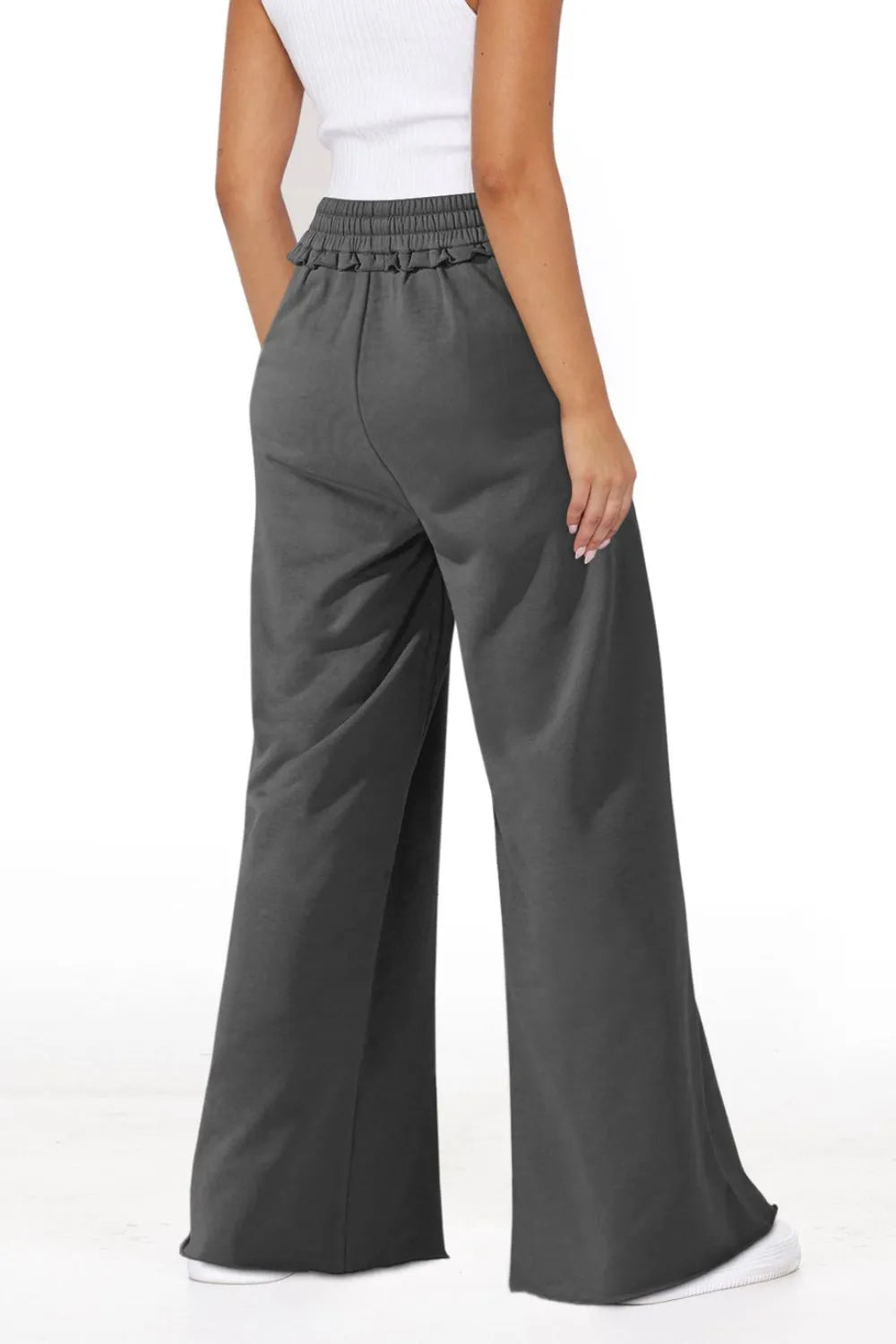 Pants, high waist, drawstring, elastic waist, opaque, frill, wide leg, pocketed, no stretch back view