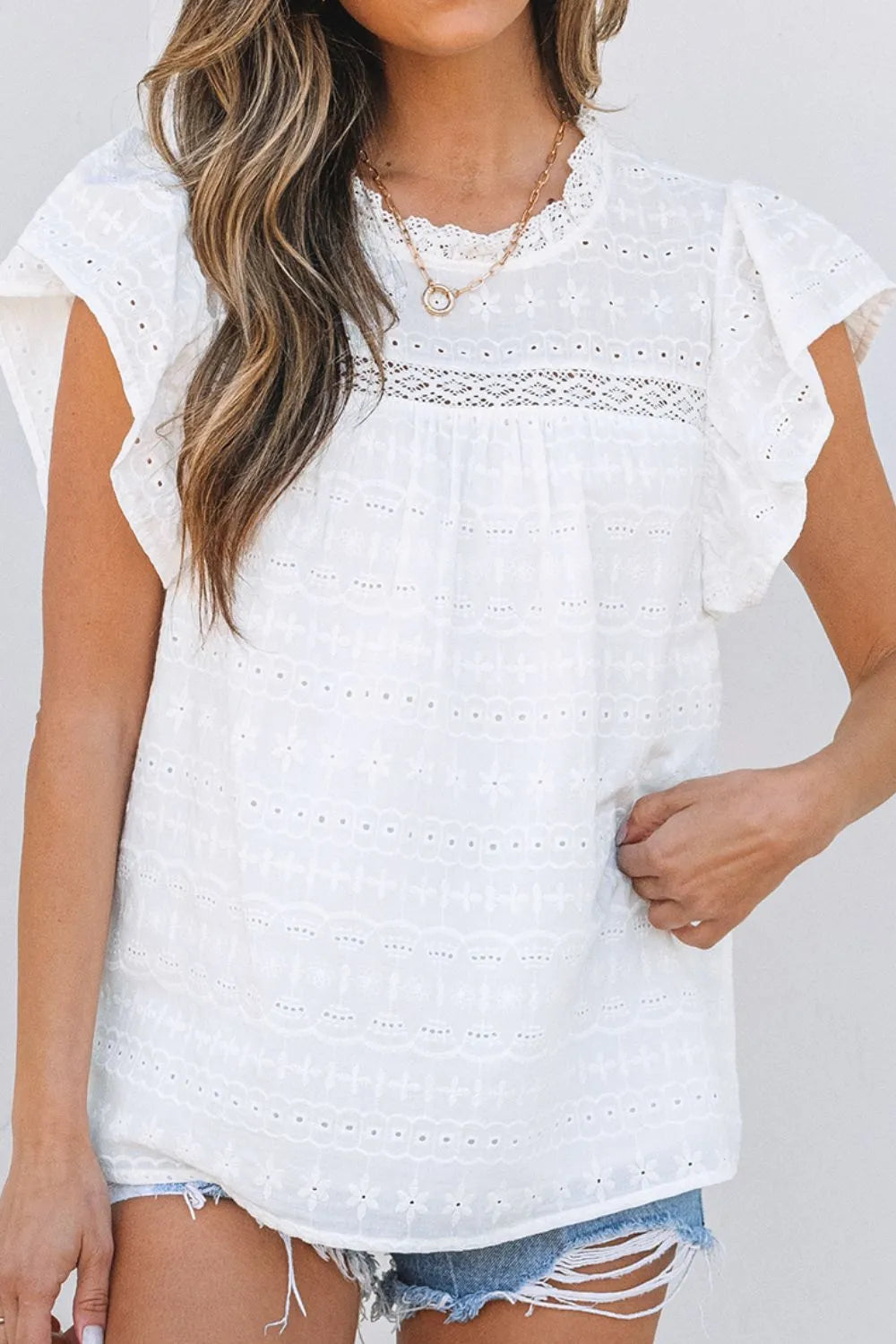 Round frill neck, Flutter sleeves, Lace detail, Eyelet design, Keyhole back, No elasticity, Blouse Front View Close Up