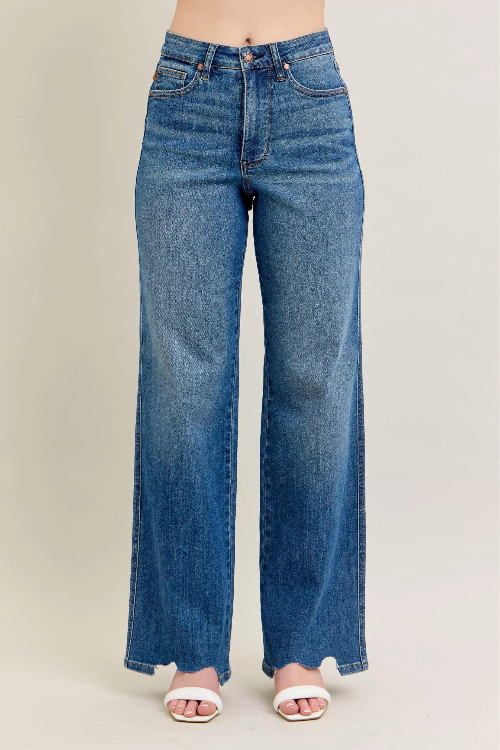 Judy Blue Jeans, full-size, high-rise, tummy control, medium wash, belt loops, button/zipper closure, pocketed, destroyed, chewed hem, wide leg, slightly stretchy, front view