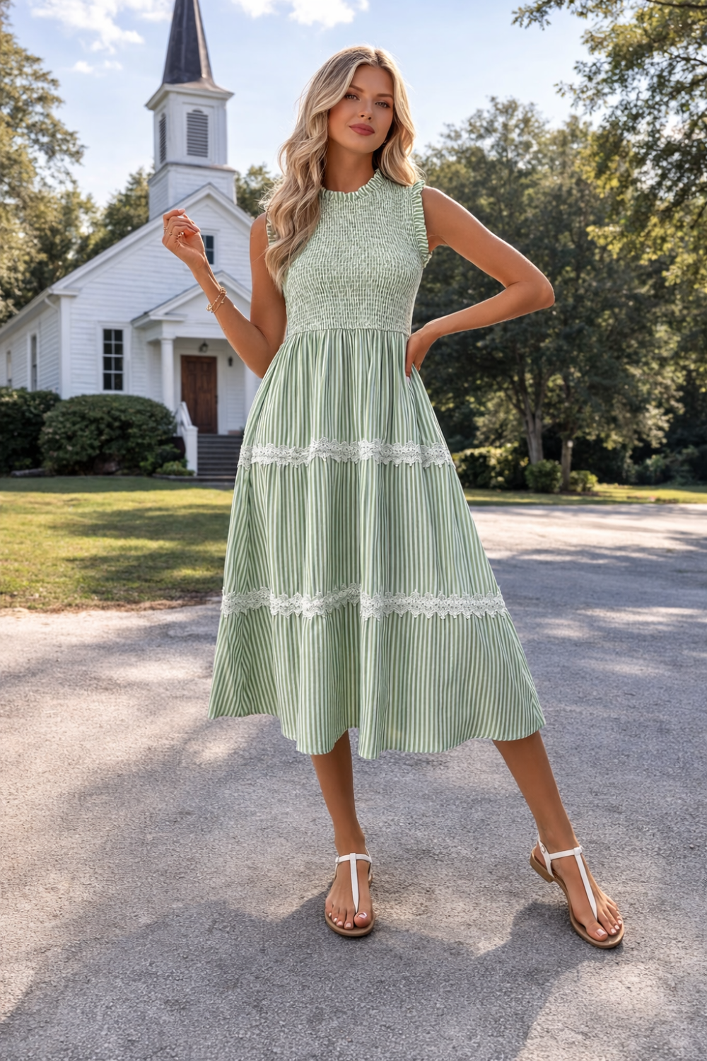 * Midi Dress
* Smocked
* Sleeveless
* Lace
* Tiered
* Round neck
* Unlined
* Stretchy
