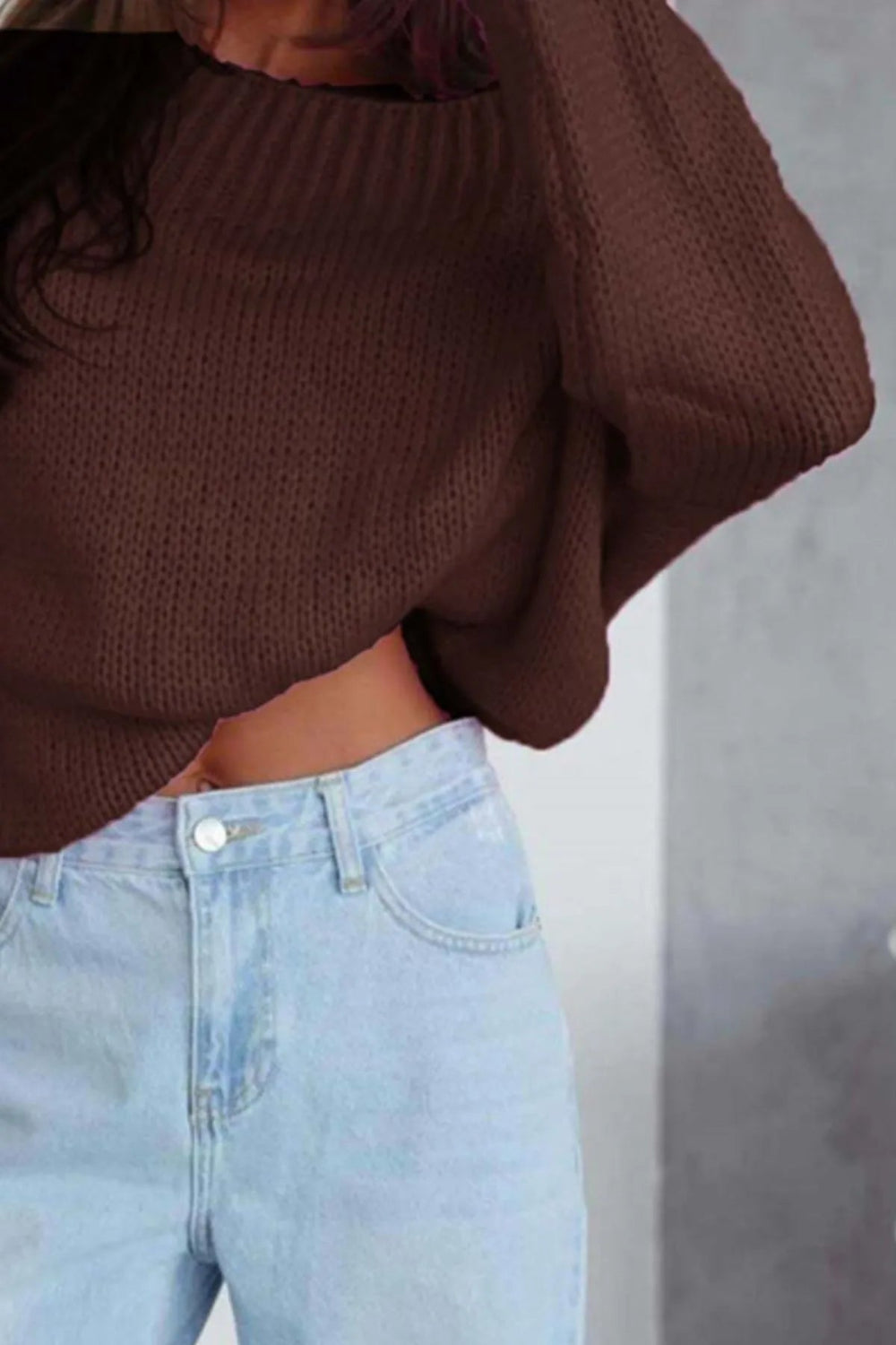 Sweater, pullover, long sleeve, boat neck, oversized, ribbed neck and cuffs, slightly stretchy close up view